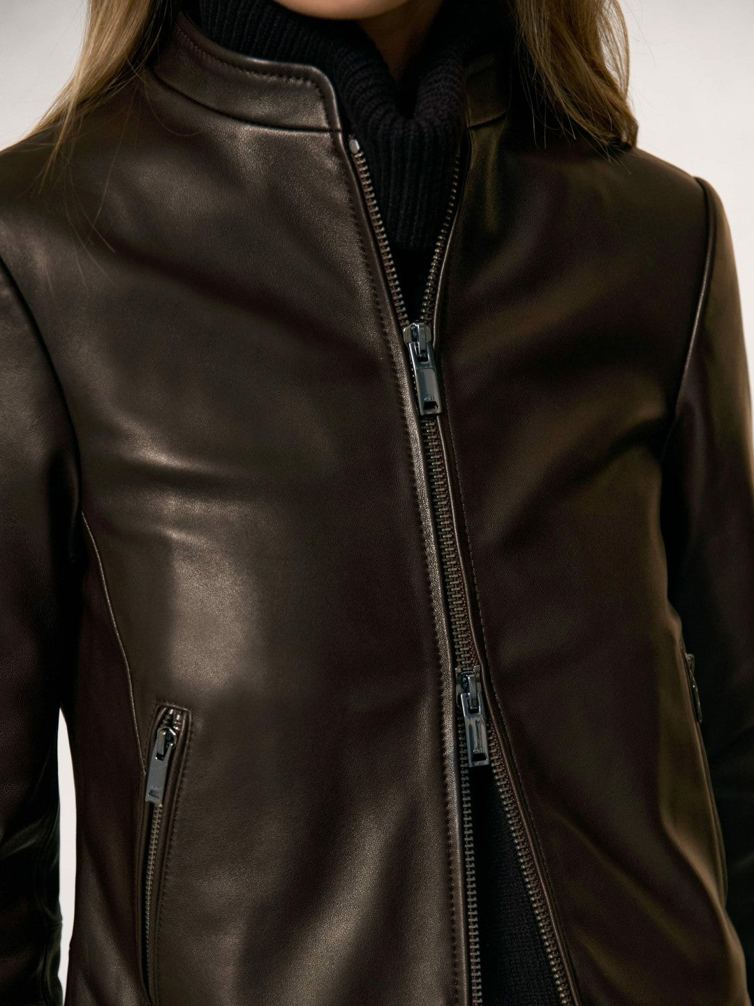 Leather Collarless Biker Jacket Chocolate Brown | Womens