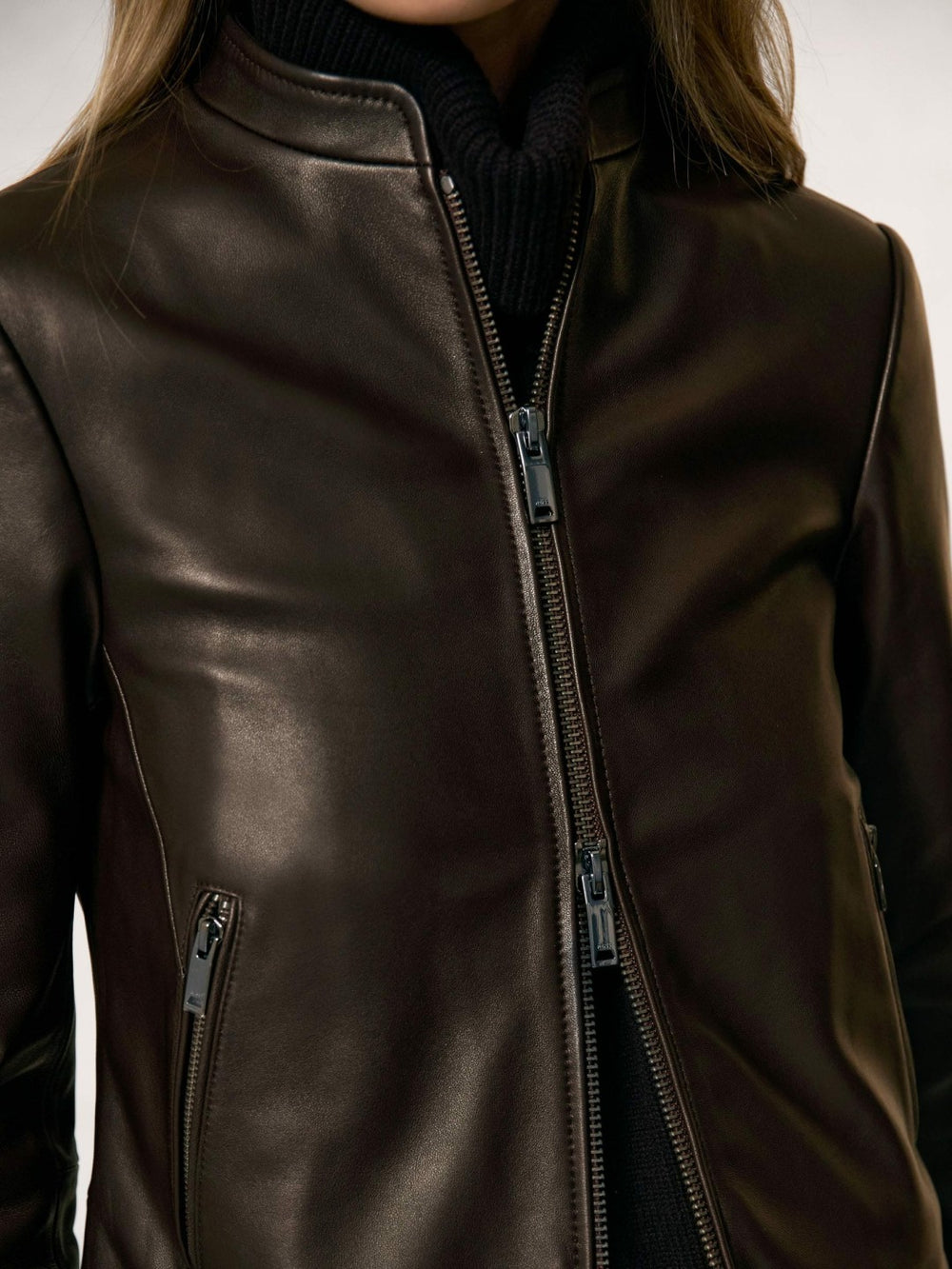 Leather Collarless Biker Jacket Chocolate Brown | Womens