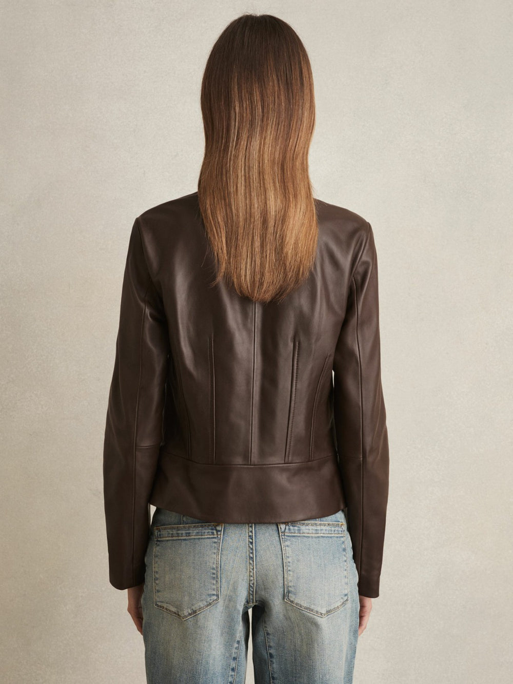 Leather Collarless Biker Jacket Chocolate Brown | Womens