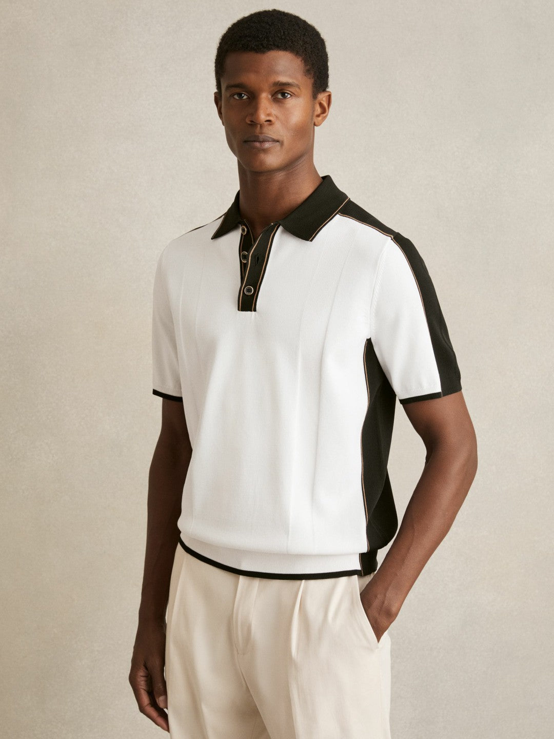 Colour-Block Knit Polo Shirt Optic White/Green | Mens