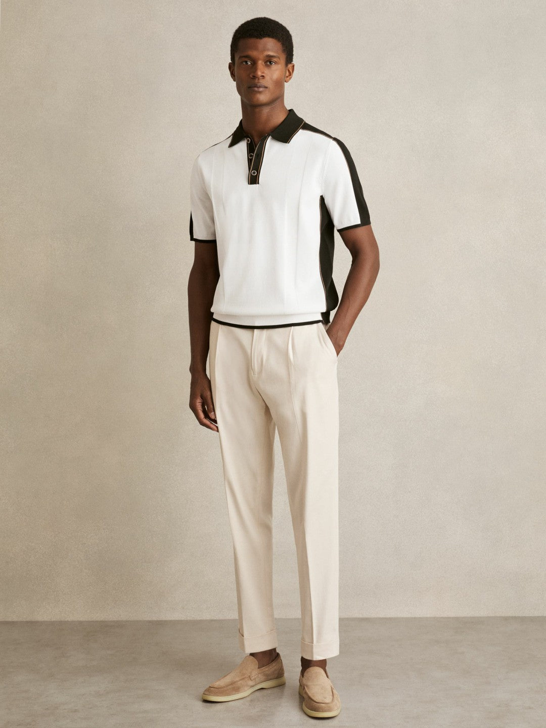 Colour-Block Knit Polo Shirt Optic White/Green | Mens
