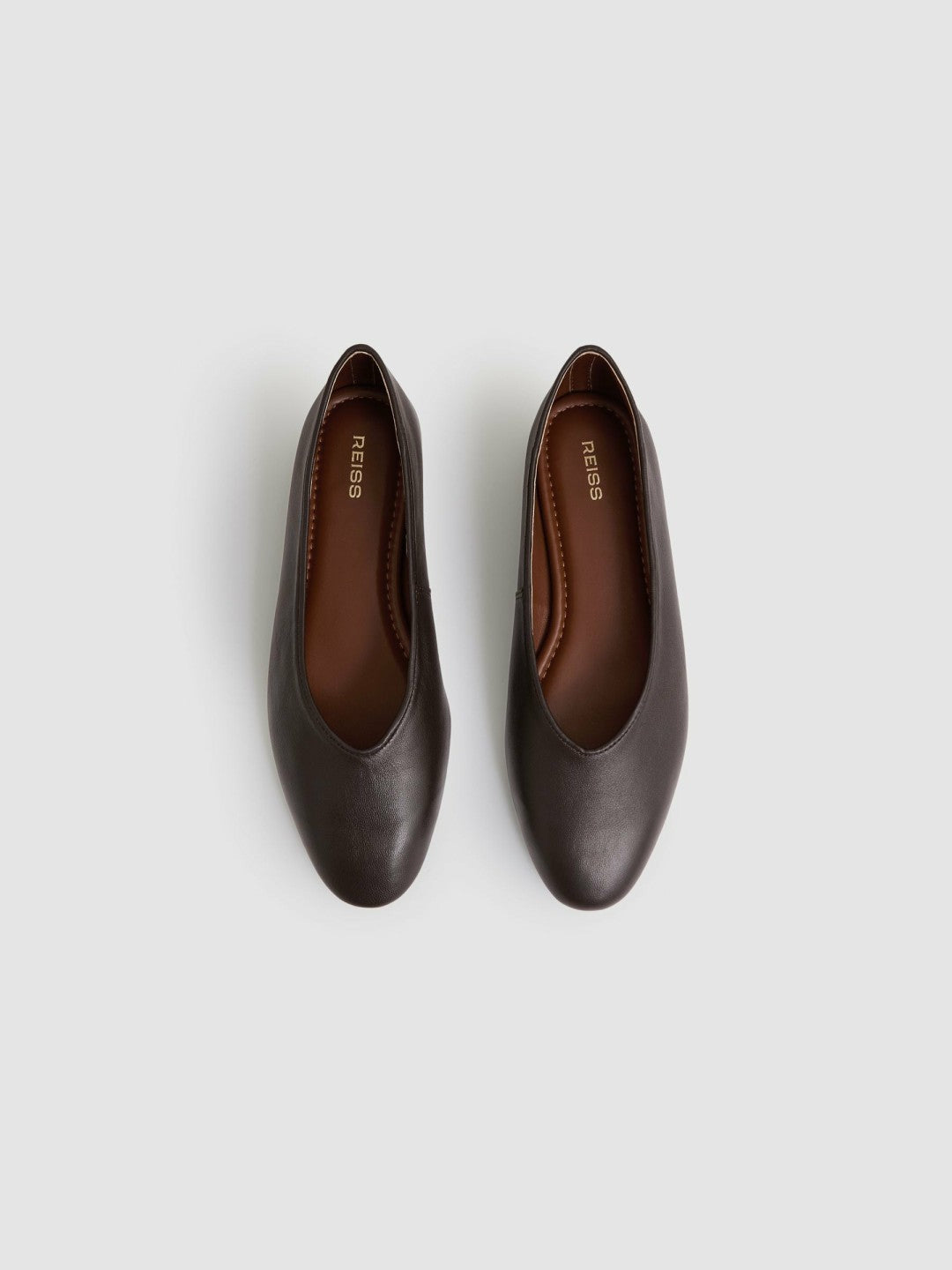 Leather Rounded-Point Toe Ballet Flats Chocolate | Womens