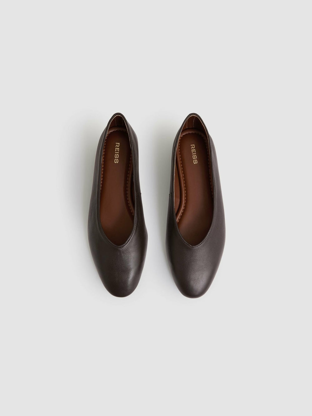 Leather Rounded-Point Toe Ballet Flats Chocolate | Womens