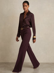 Petite High Rise Flared Trousers Burgundy | Womens