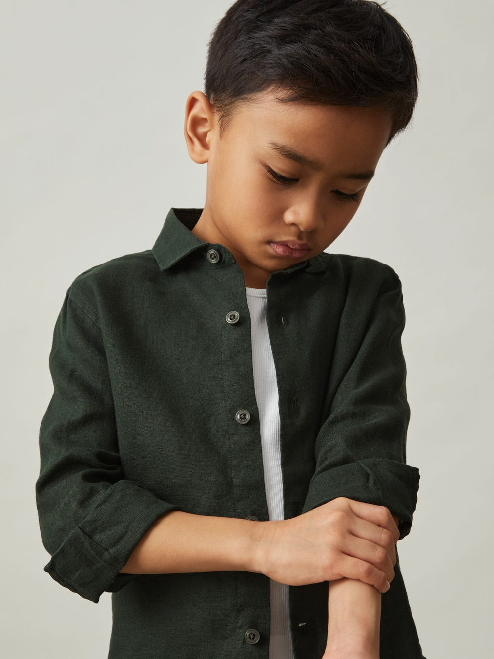 3-9 yrs Linen Cutaway Collar Shirt Dark Green | Children
