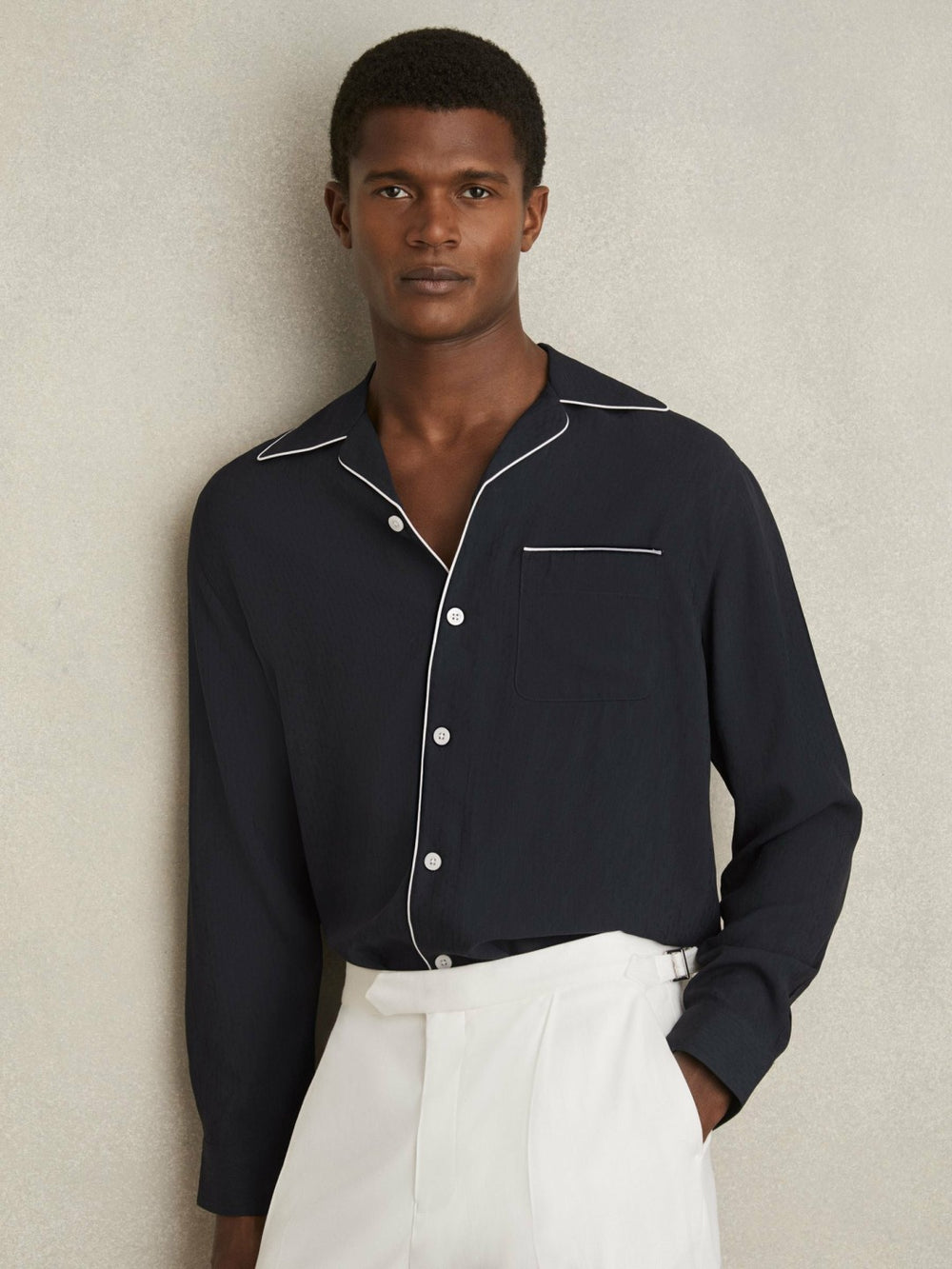 Cuban Collar Shirt with Piping Detail Shirt Navy | Mens