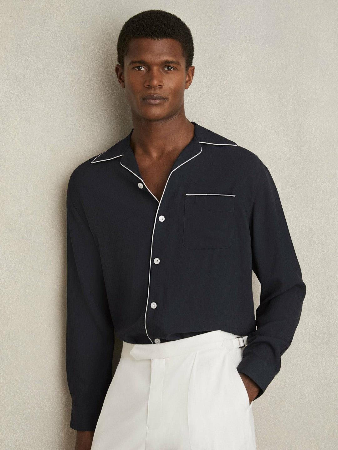 Cuban Collar Shirt with Piping Detail Shirt Navy | Mens