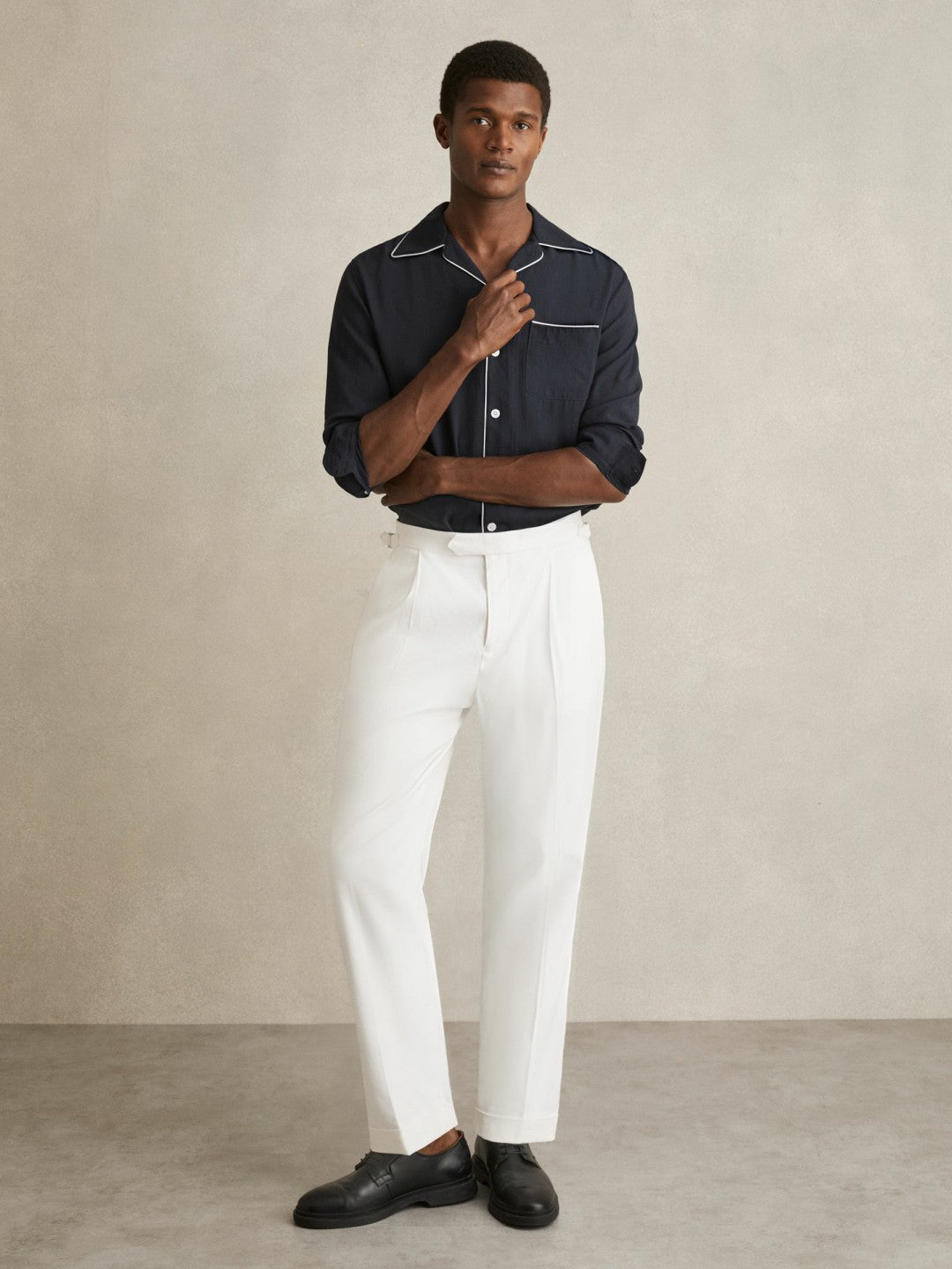 Cuban Collar Shirt with Piping Detail Shirt Navy | Mens