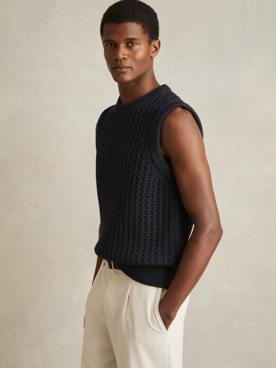 Cotton-Blend Crochet Vest Navy | Mens