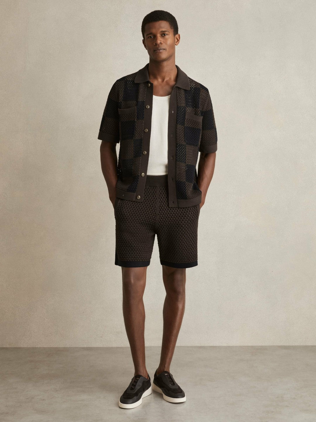 Cotton-Blend Crochet Shorts Chocolate/Navy | Mens