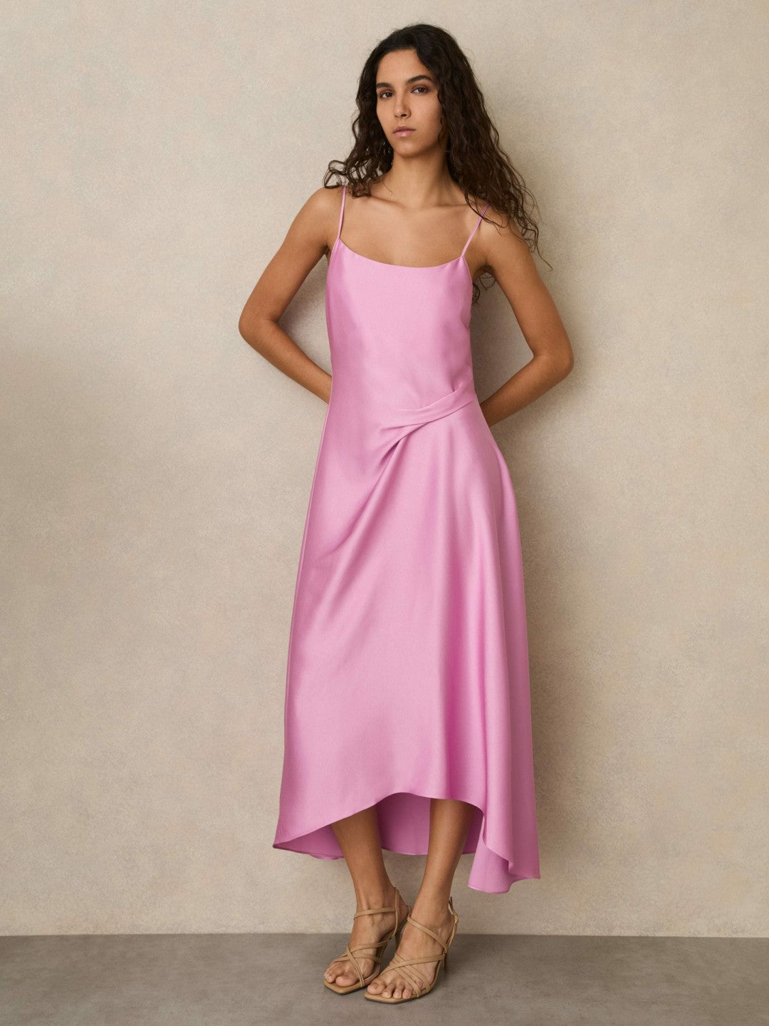 Satin Drape-Detail Slip Dress Pink | Womens