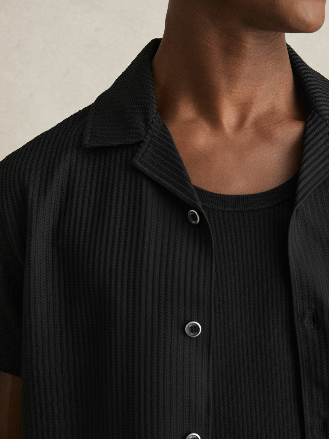 Textured-Knit Cuban-Collar Shirt Black | Mens