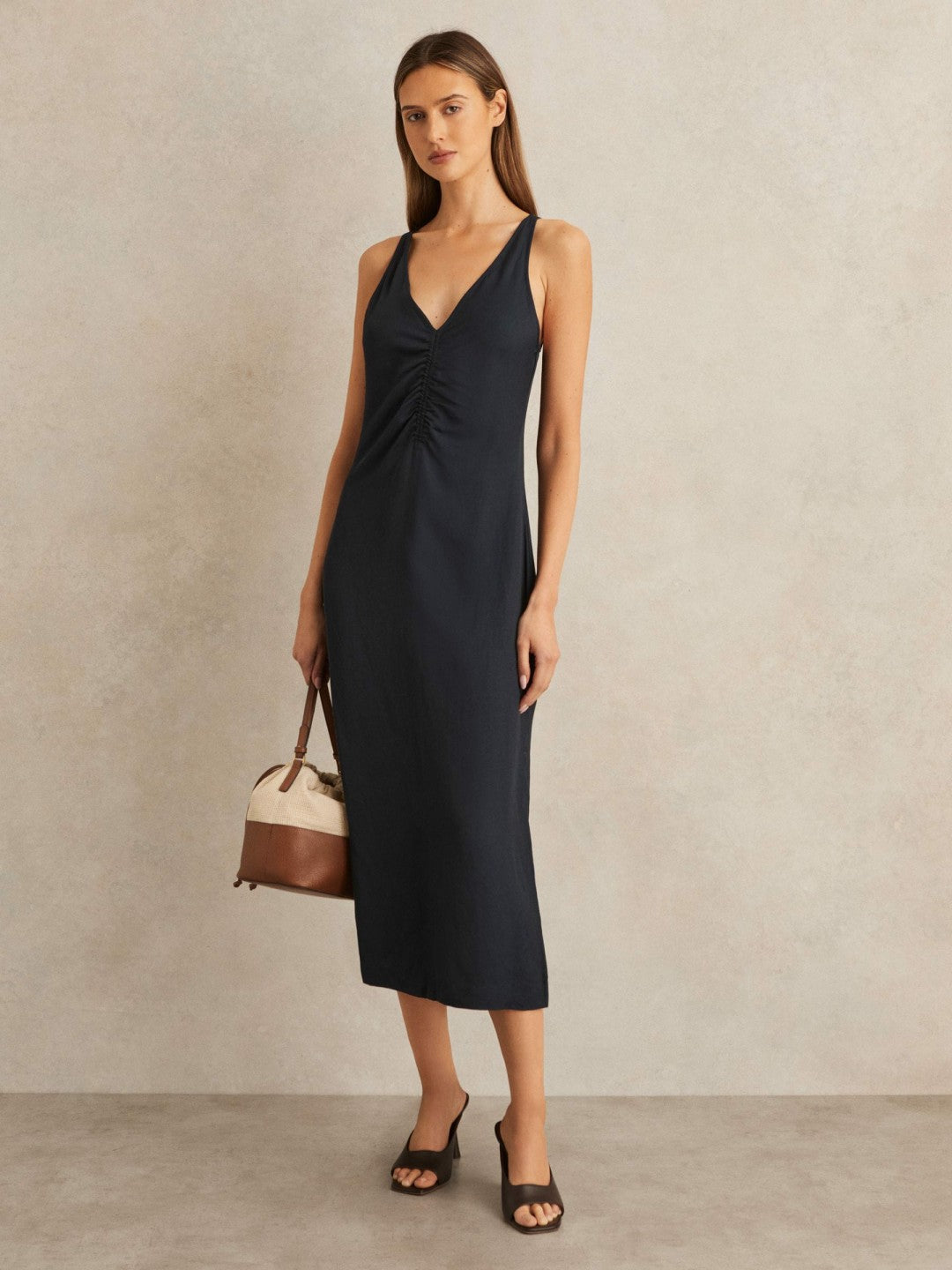 Ruched Sleeveless Midi Dress With Linen Navy | Womens