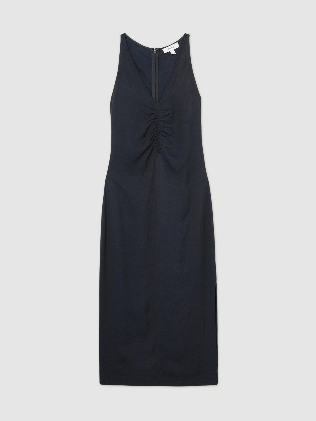 Ruched Sleeveless Midi Dress With Linen Navy | Womens