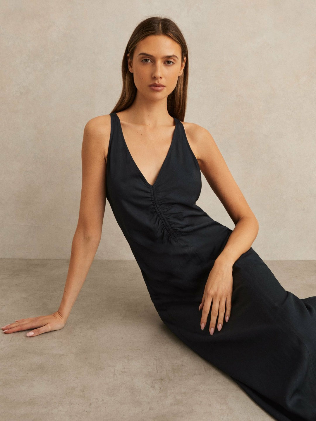 Ruched Sleeveless Midi Dress With Linen Navy | Womens