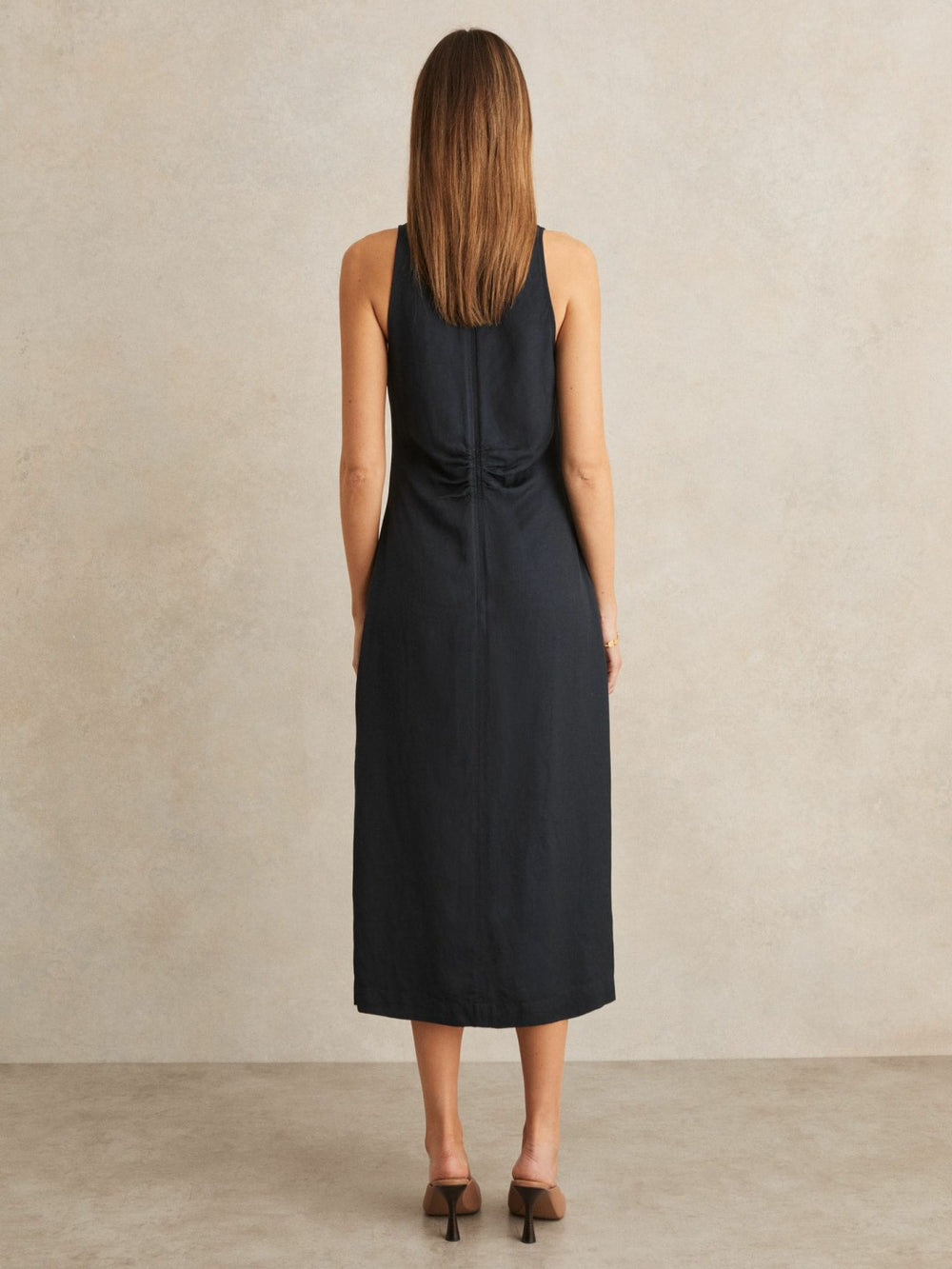Ruched Sleeveless Midi Dress With Linen Navy | Womens