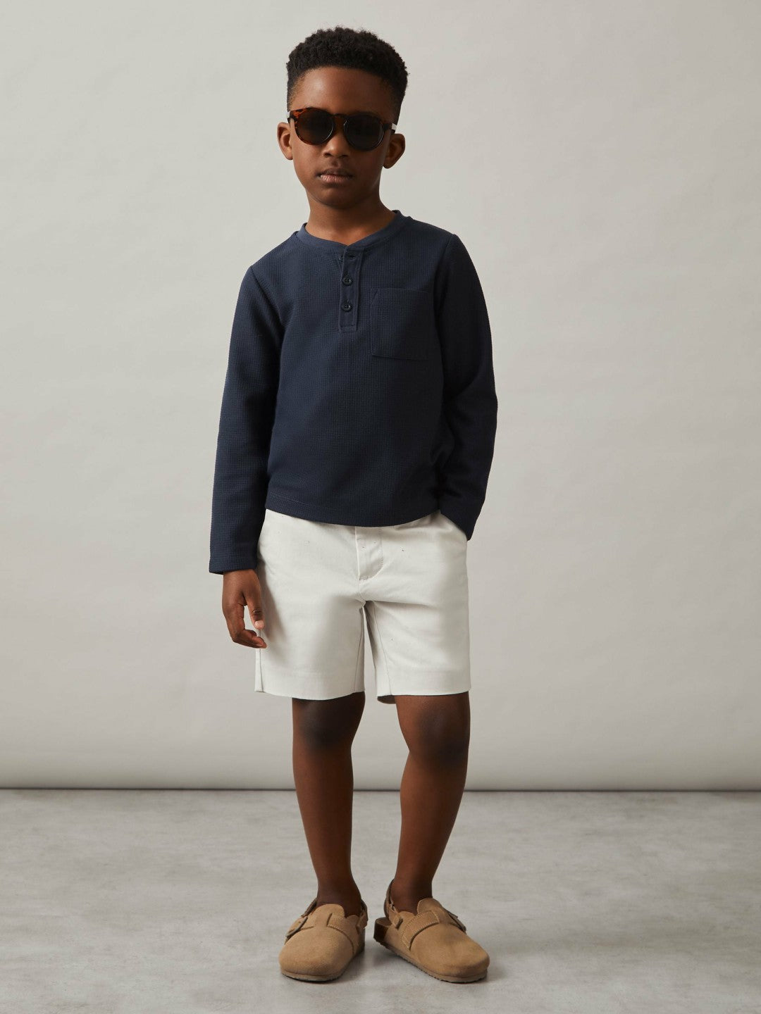 3-9 yrs Cotton-Blend Waffle Henley T-Shirt Navy | Children