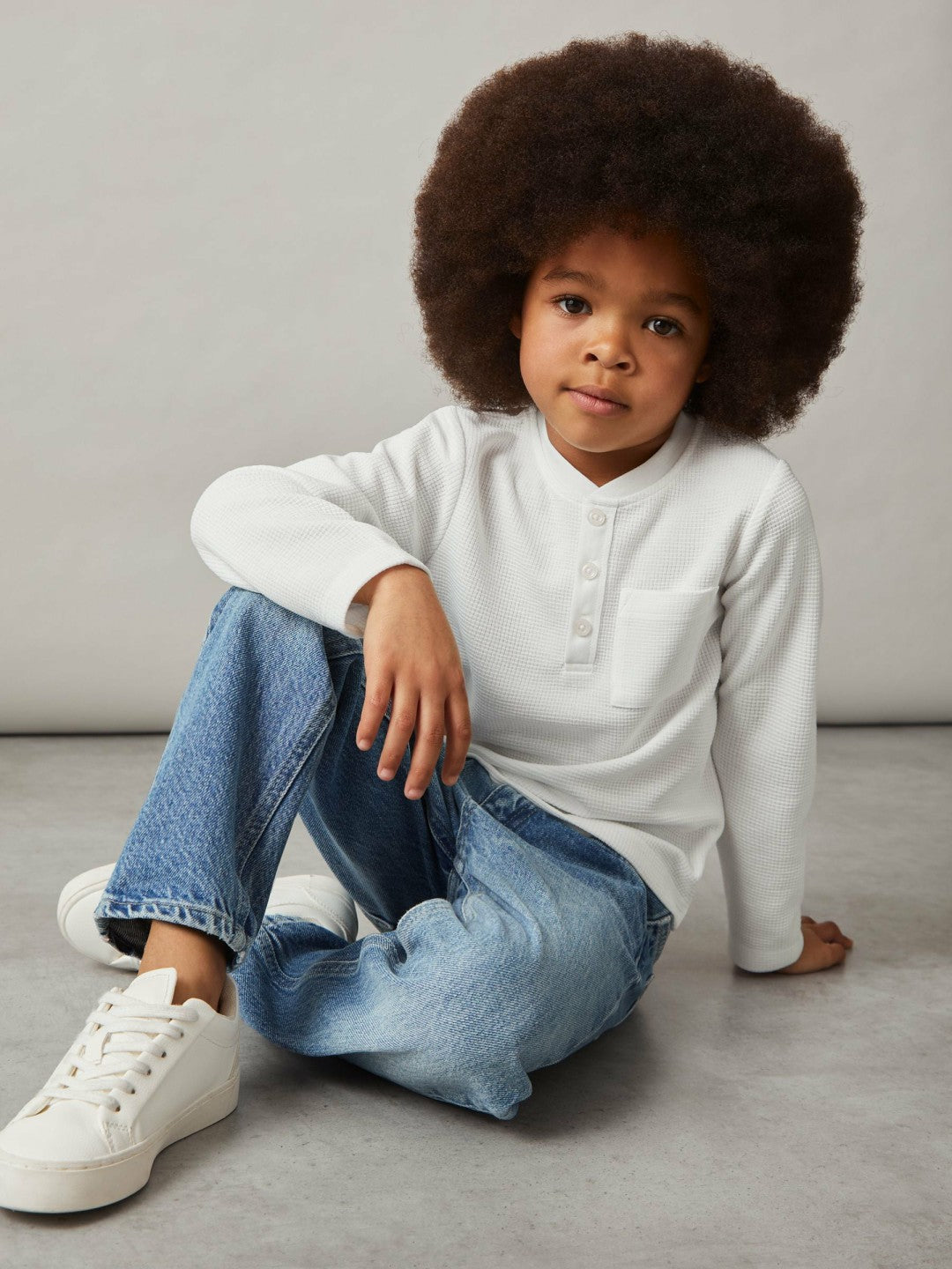 9-13 yrs Cotton-Blend Waffle Henley T-Shirt White | Children