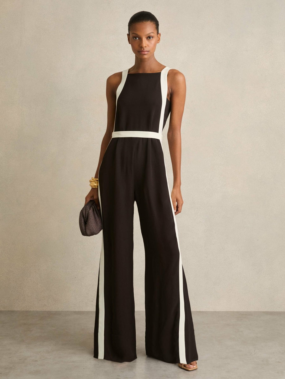 Colourblock Wide Leg Belted Jumpsuit Chocolate/Cream | Womens