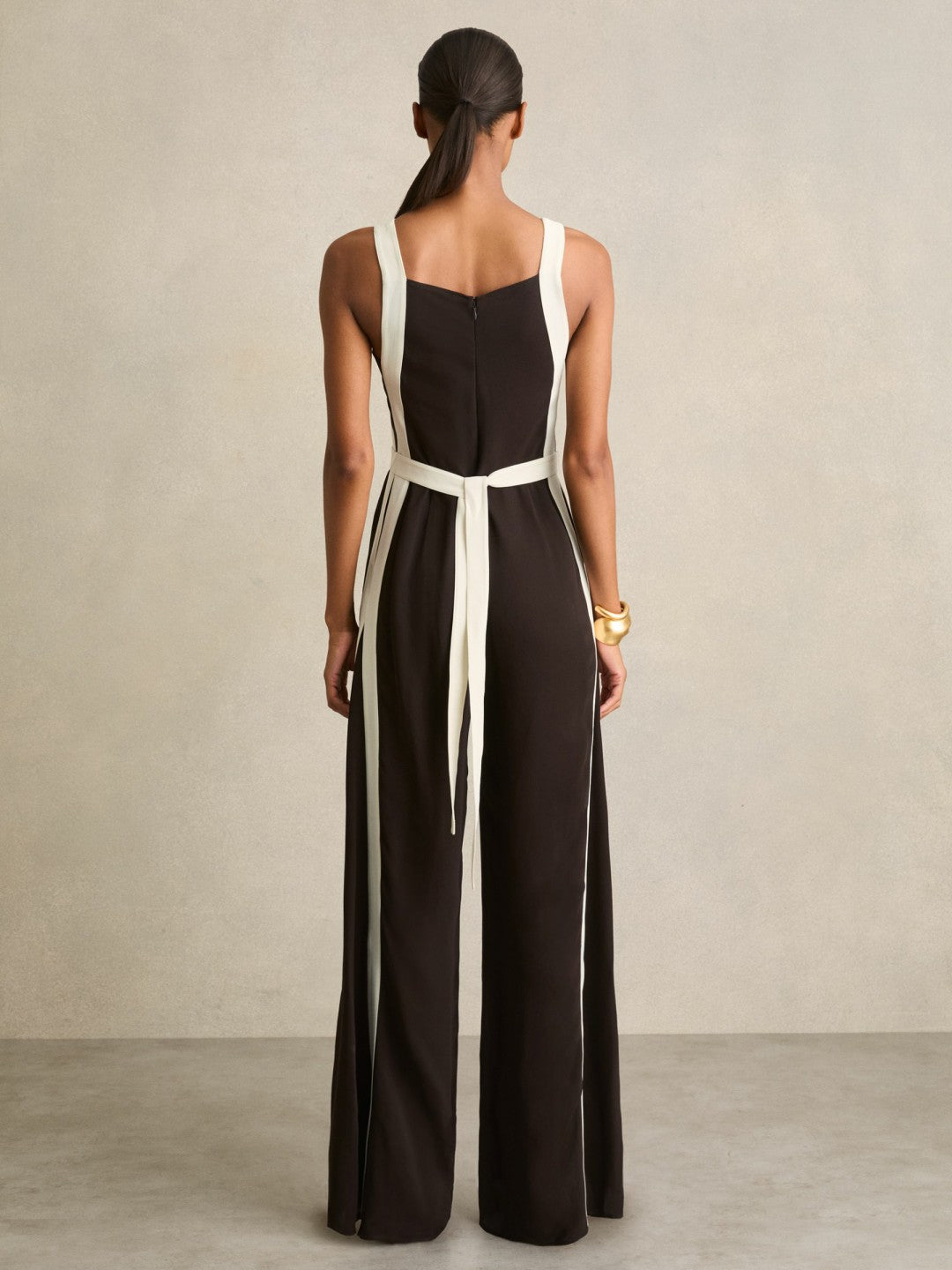 Colourblock Wide Leg Belted Jumpsuit Chocolate/Cream | Womens