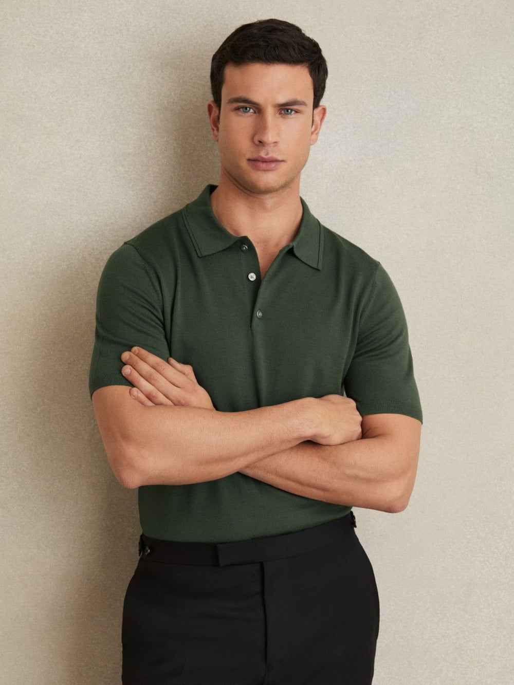 Merino Wool Short-Sleeve Polo Shirt Kale Green | Mens