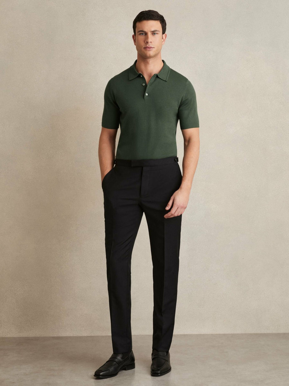 Merino Wool Short-Sleeve Polo Shirt Kale Green | Mens