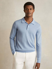Merino Wool Long-Sleeve Polo Shirt Soft Blue | Mens