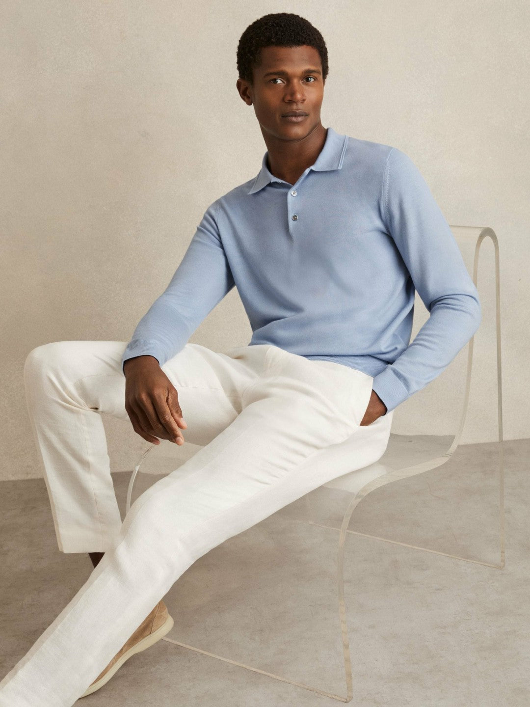 Merino Wool Long-Sleeve Polo Shirt Soft Blue | Mens