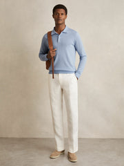 Merino Wool Long-Sleeve Polo Shirt Soft Blue | Mens