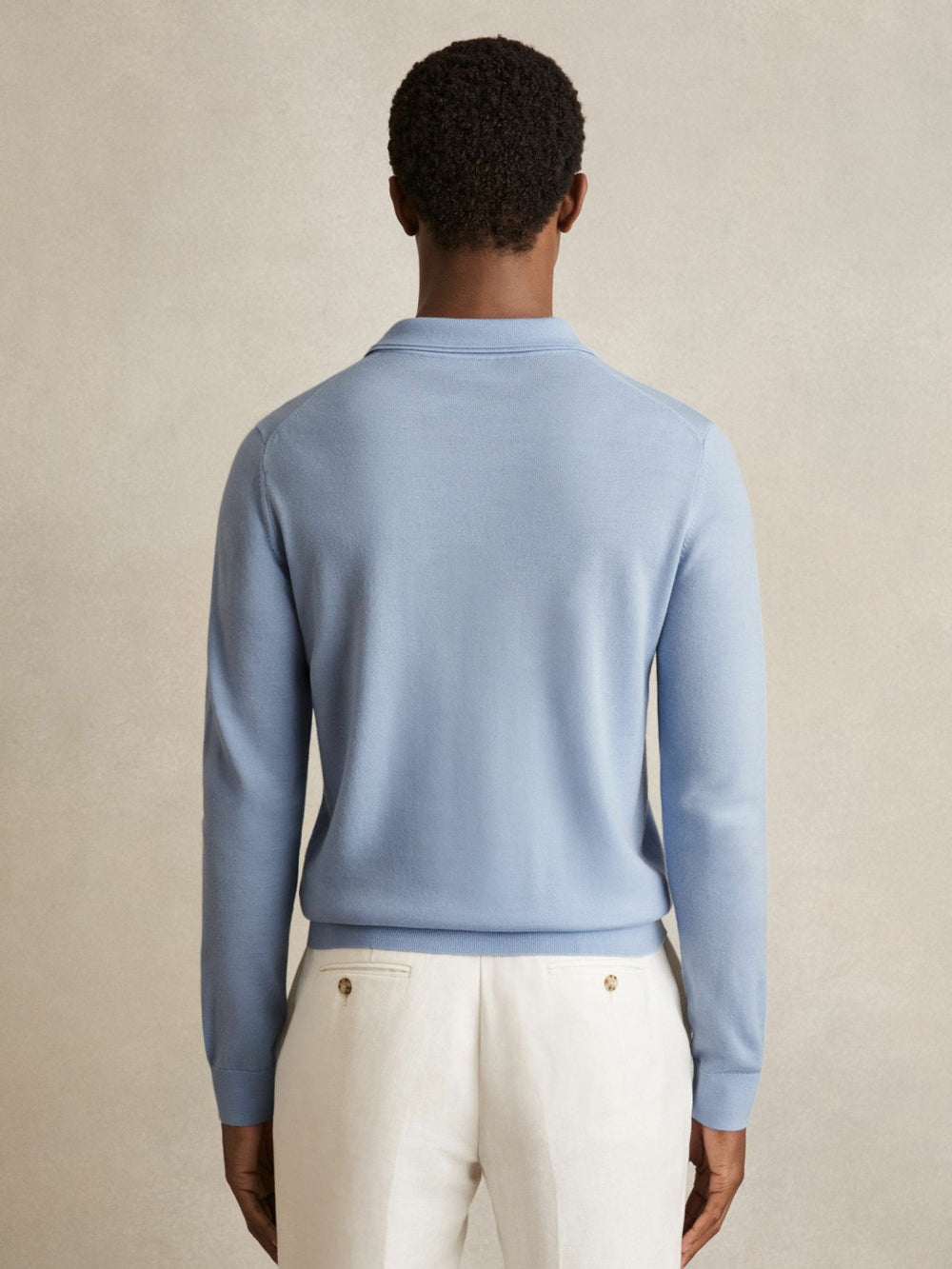 Merino Wool Long-Sleeve Polo Shirt Soft Blue | Mens