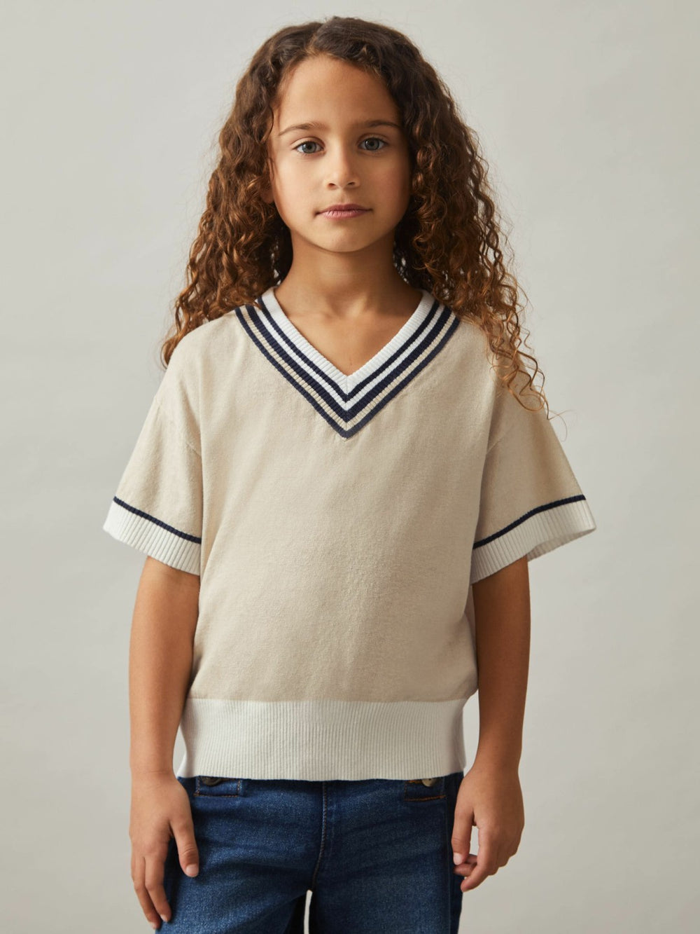4-9 yrs Cotton-Linen Knit V-Neck Cricket Top Neutral | Children