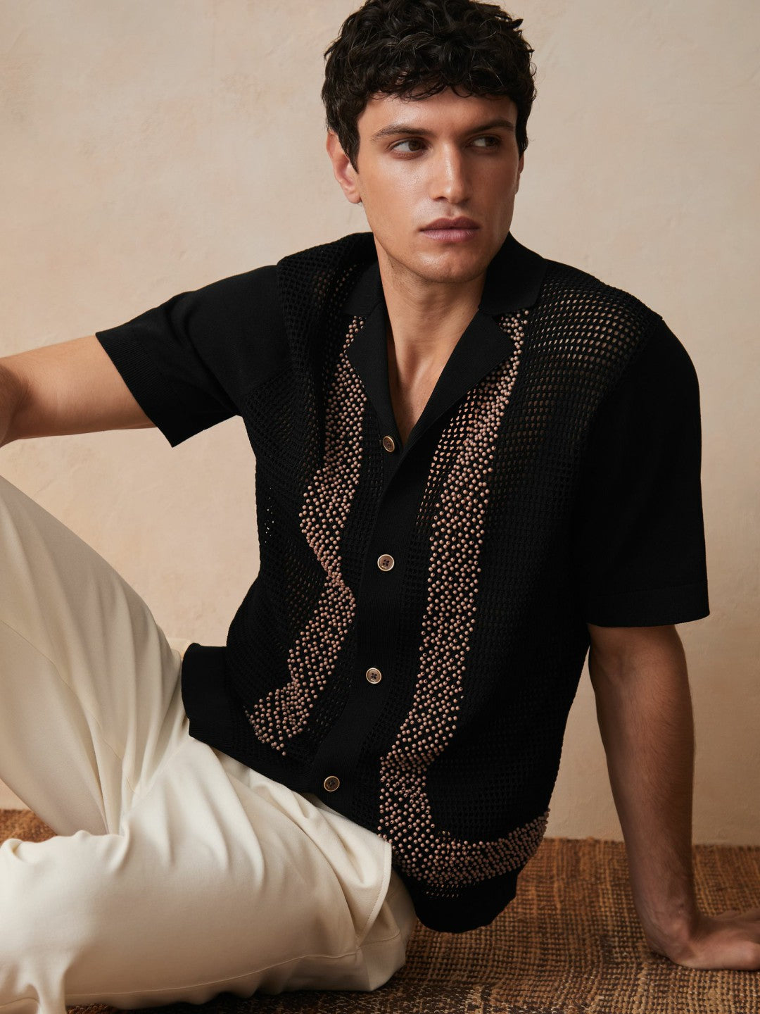 | Ché Beaded Crochet Shirt Black | Mens