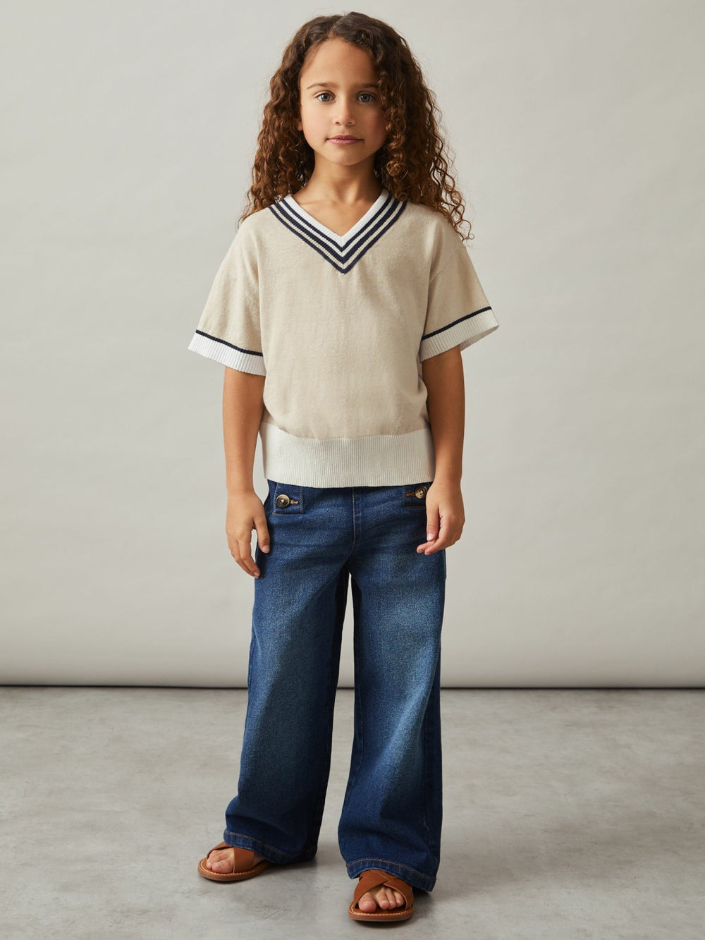 13-14 yrs Cotton-Linen Knit V-Neck Cricket Top Neutral | Children