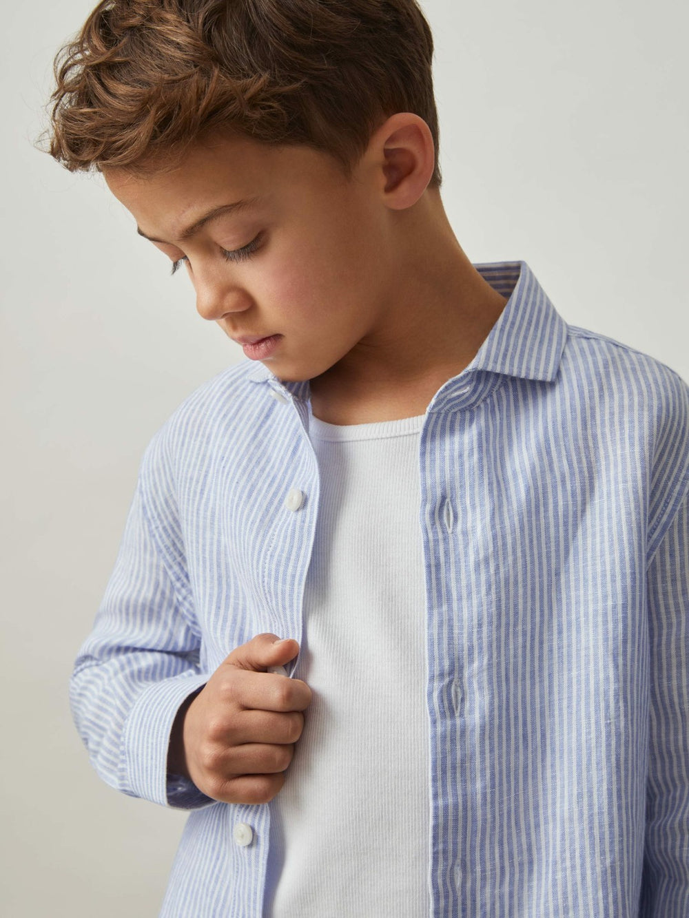 13-14 yrs Linen Cutaway Collar Shirt Blue/White Stripe | Children