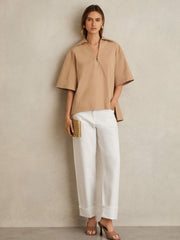Cotton Blend Craft Stitch Collared Top Camel | Womens