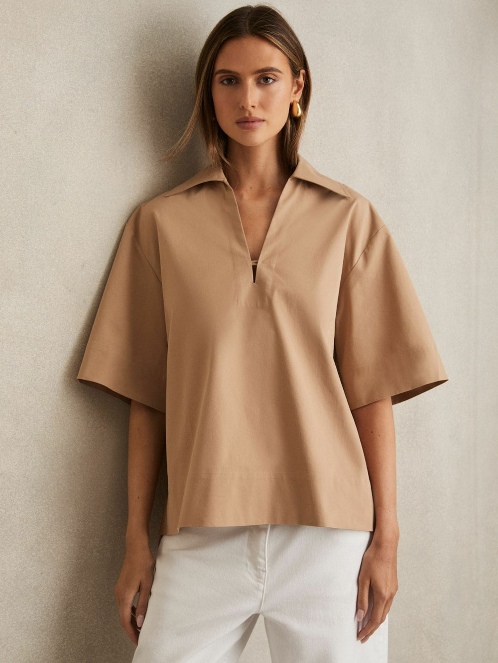 Cotton Blend Craft Stitch Collared Top Camel | Womens