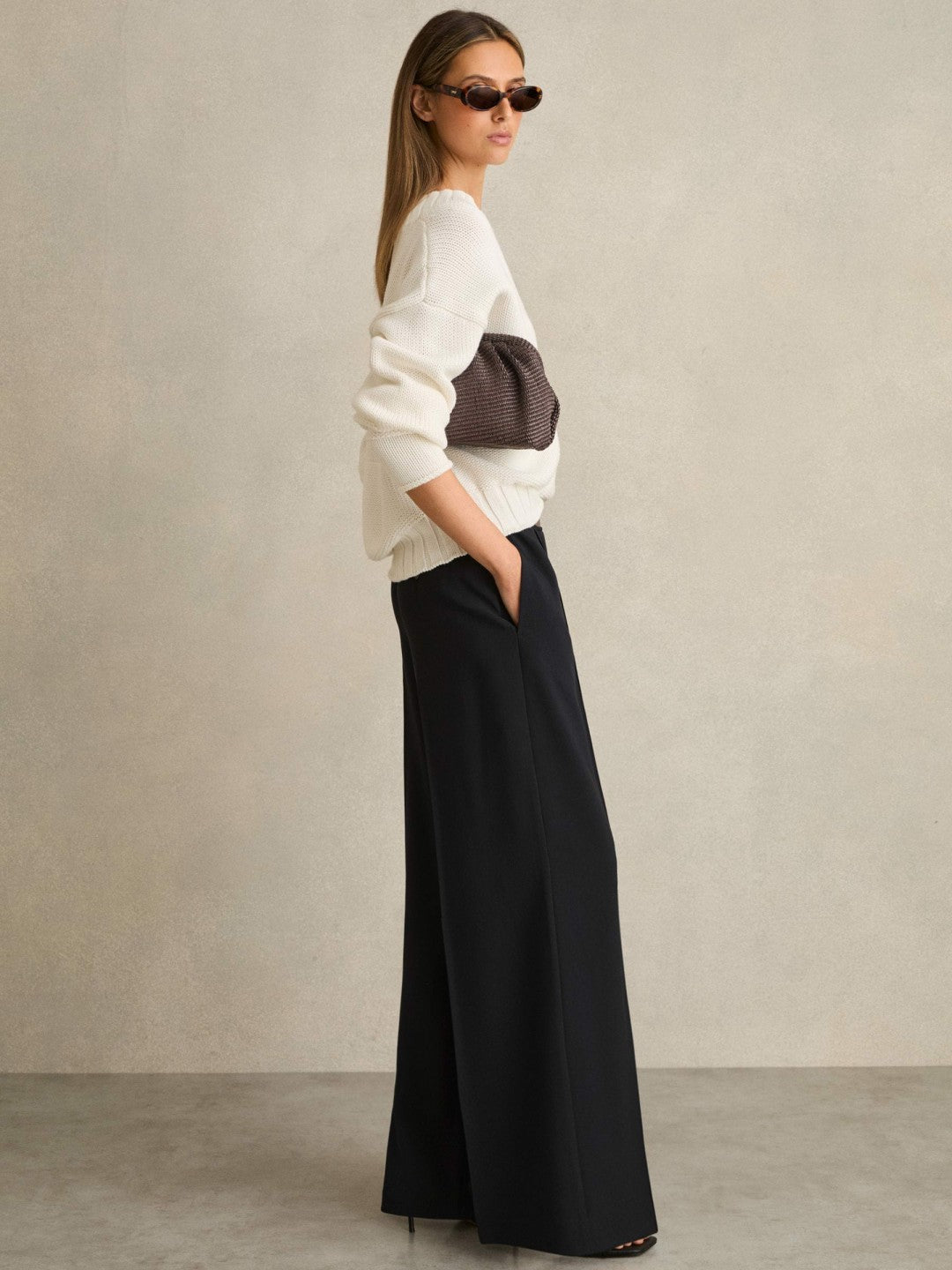 Petite Wide-Leg Elasticated-Waist Trousers Navy | Womens