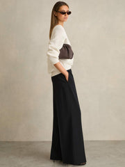 Petite Wide-Leg Elasticated-Waist Trousers Navy | Womens