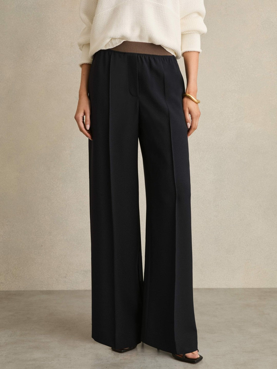 Petite Wide-Leg Elasticated-Waist Trousers Navy | Womens
