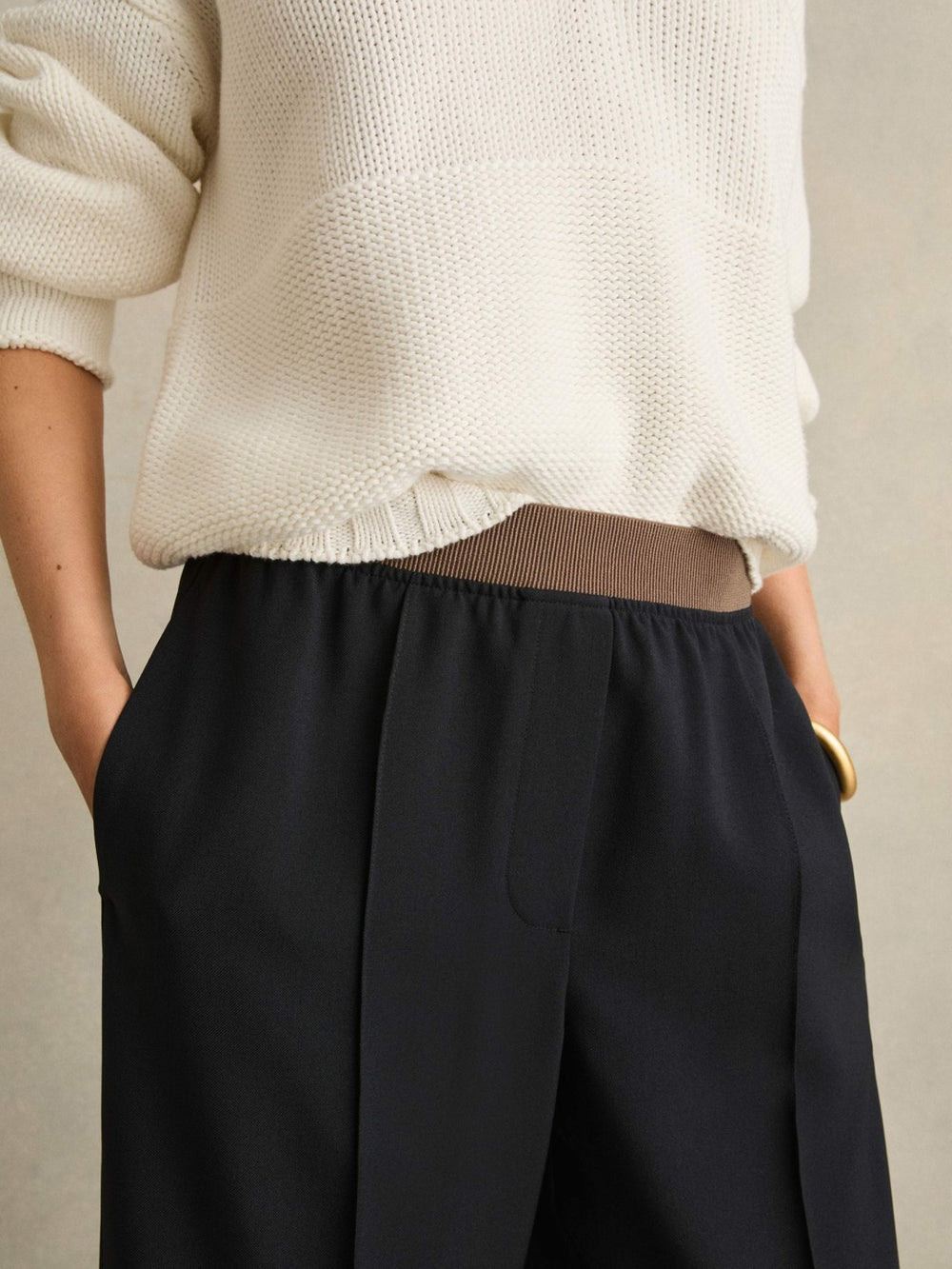 Petite Wide-Leg Elasticated-Waist Trousers Navy | Womens