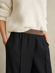 Petite Wide-Leg Elasticated-Waist Trousers Navy | Womens