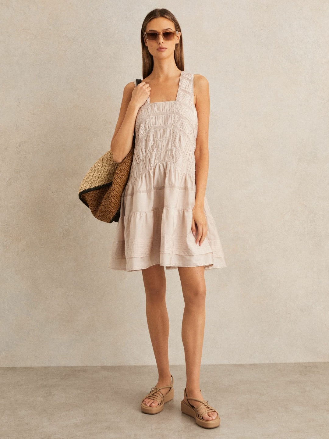 Shirred Ruffle Hem Mini Dress Neutral | Womens