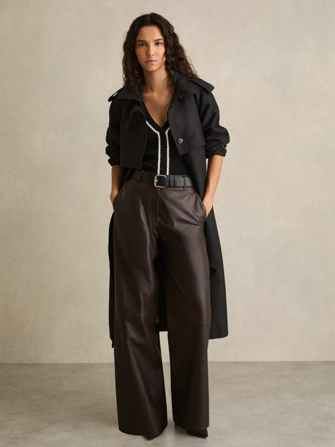 Petite Leather Wide Leg Trousers Chocolate | Womens