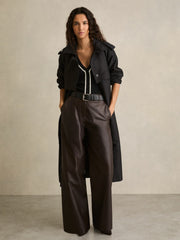 Petite Leather Wide Leg Trousers Chocolate | Womens