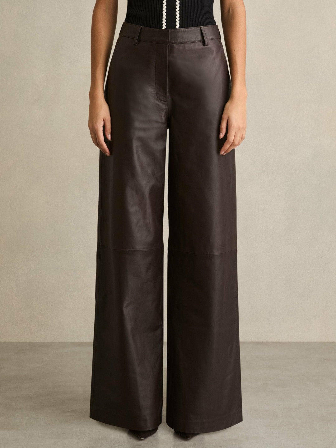 Petite Leather Wide Leg Trousers Chocolate | Womens