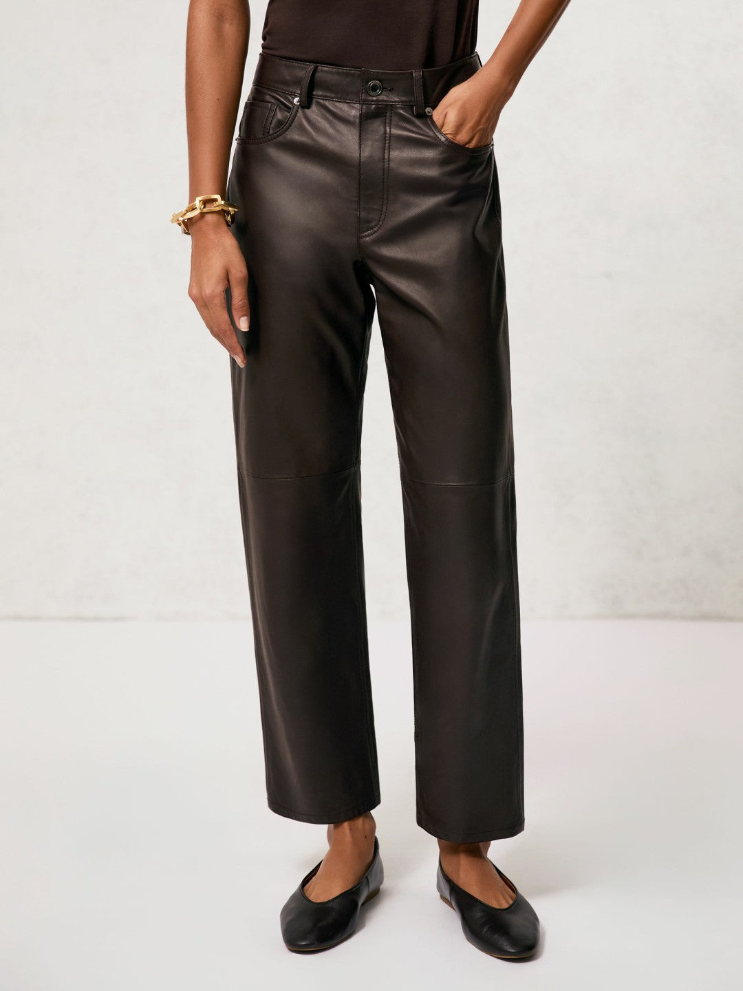 Petite Leather Slim-Leg Trousers Chocolate | Womens