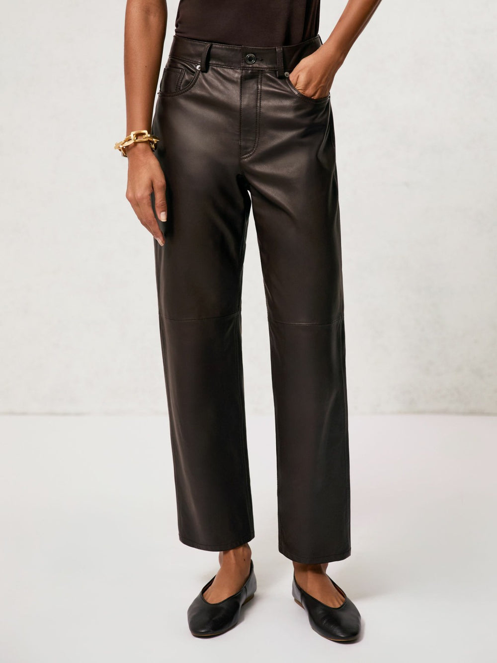 Petite Leather Slim-Leg Trousers Chocolate | Womens