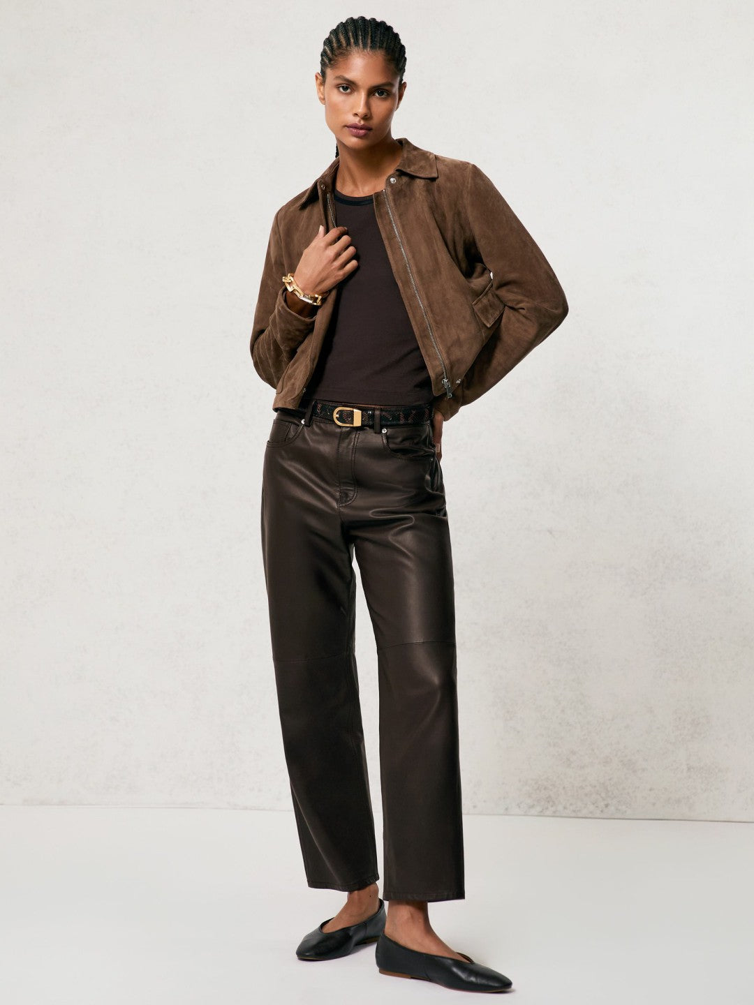 Petite Leather Slim-Leg Trousers Chocolate | Womens