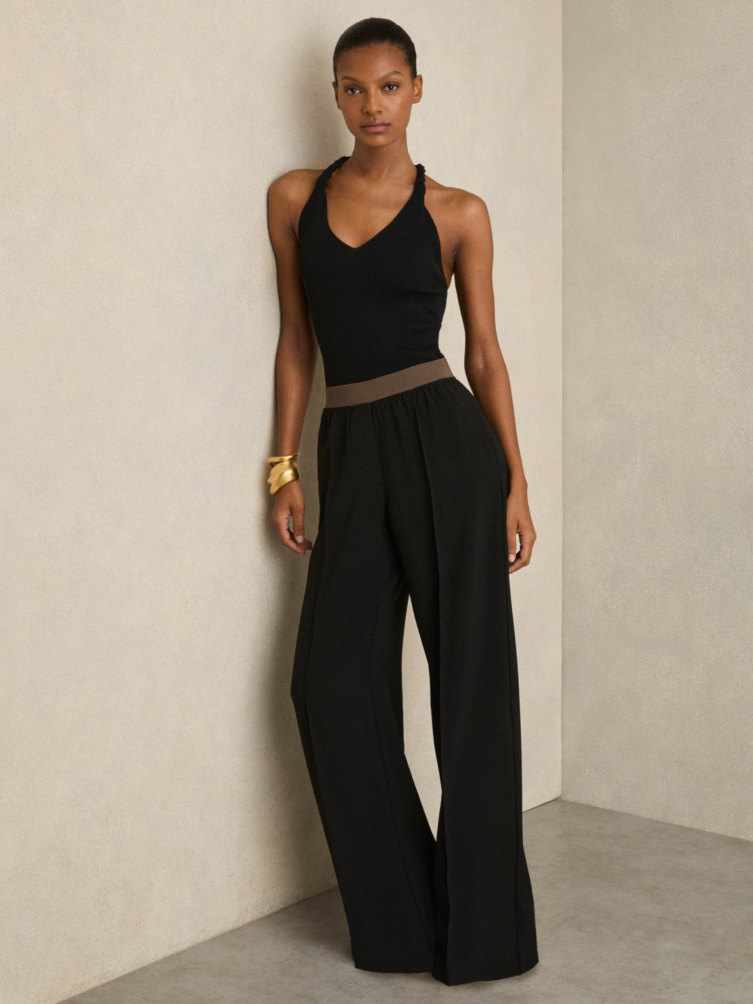 Wide-Leg Elasticated-Waist Trousers Black | Womens