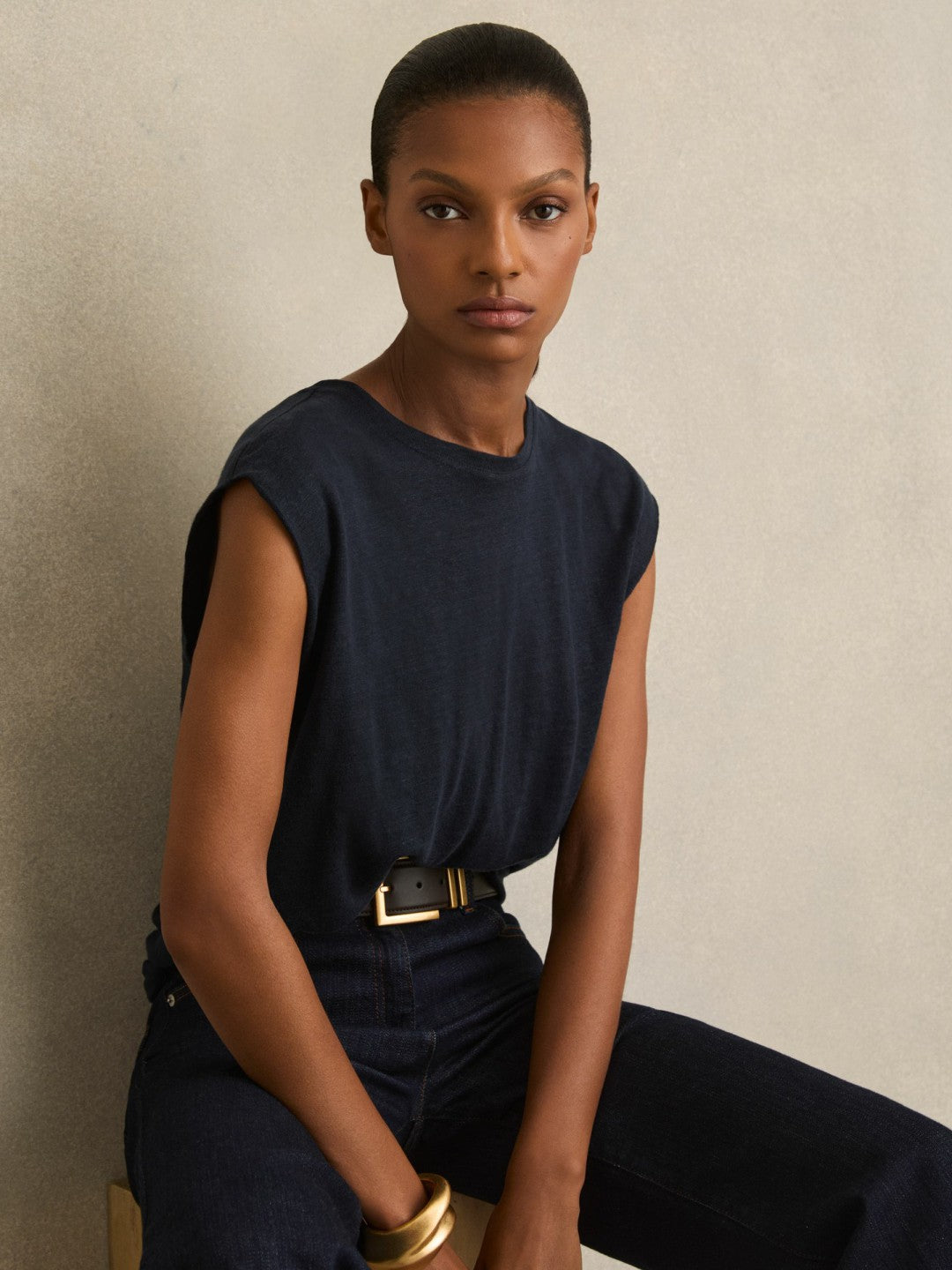 Linen Cap-Sleeve T-Shirt Navy | Womens
